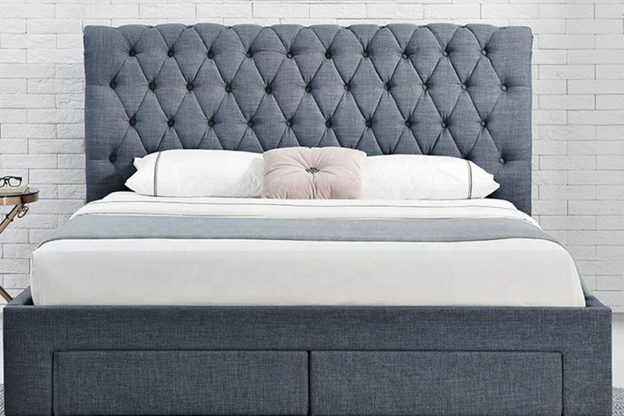 1217D Europees fluwelen ruit-hoofdbord Kingsize bedframe met vier lades en opbergruimte