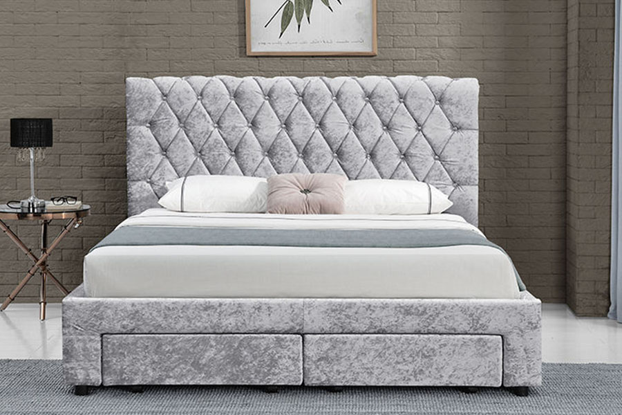 1217D Europees fluwelen ruit-hoofdbord Kingsize bedframe met vier lades en opbergruimte