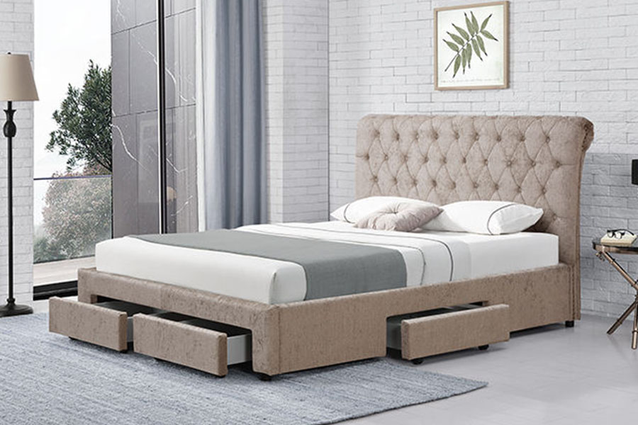 1217D Europees fluwelen ruit-hoofdbord Kingsize bedframe met vier lades en opbergruimte