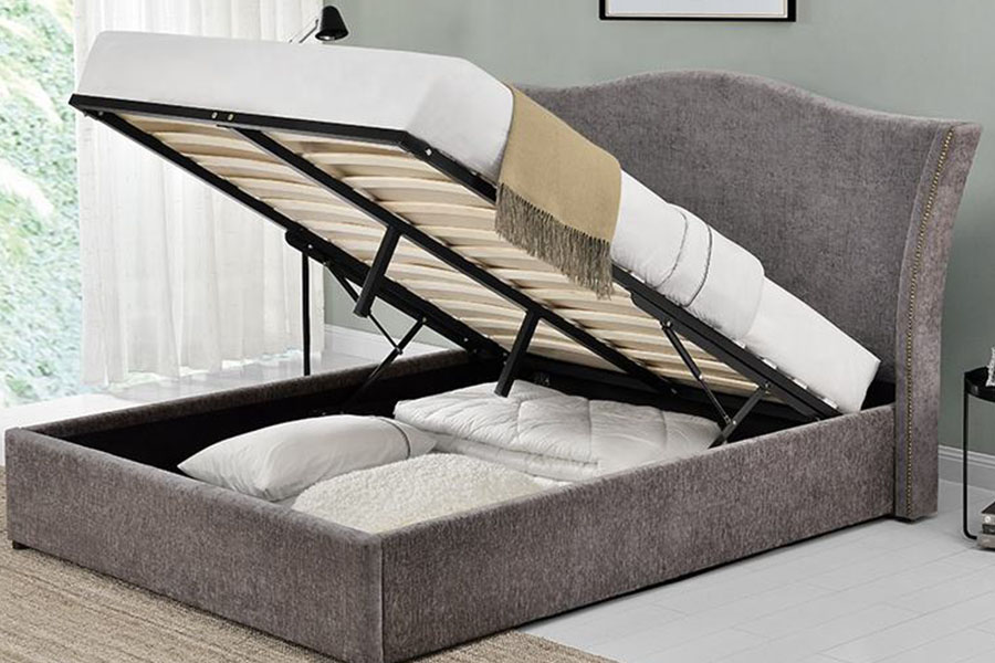 1206G Klassiek kroonlinnen bedframe met gaslift en opbergruimte