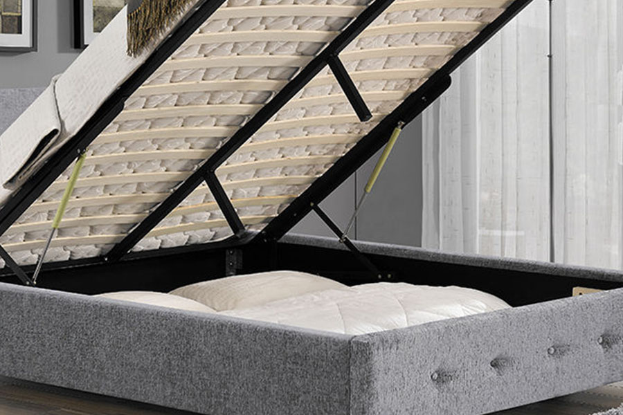 1191G stoffen poef, kingsize gestoffeerd bedframe met opbergruimte