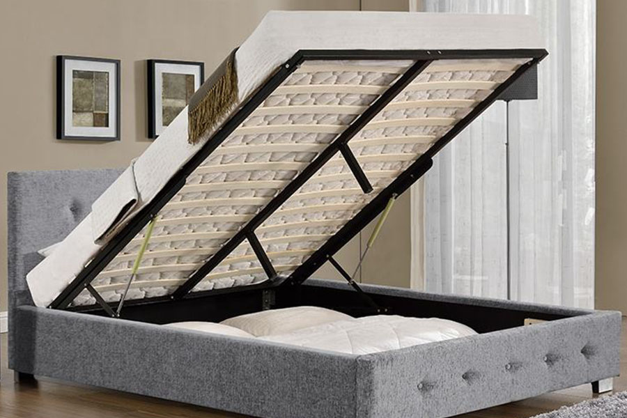 1191G stoffen poef, kingsize gestoffeerd bedframe met opbergruimte