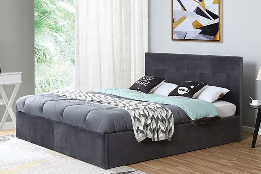 1407G Fluwelen gaslift met flexibele bediening, houten opbergruimte, gestoffeerd bedframe