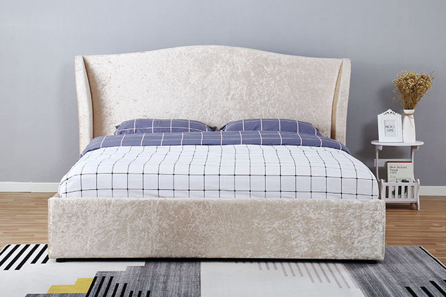 1320G Ottomaans gestoffeerd bedframe met opbergruimte in champagnefluweel met oesterafwerking