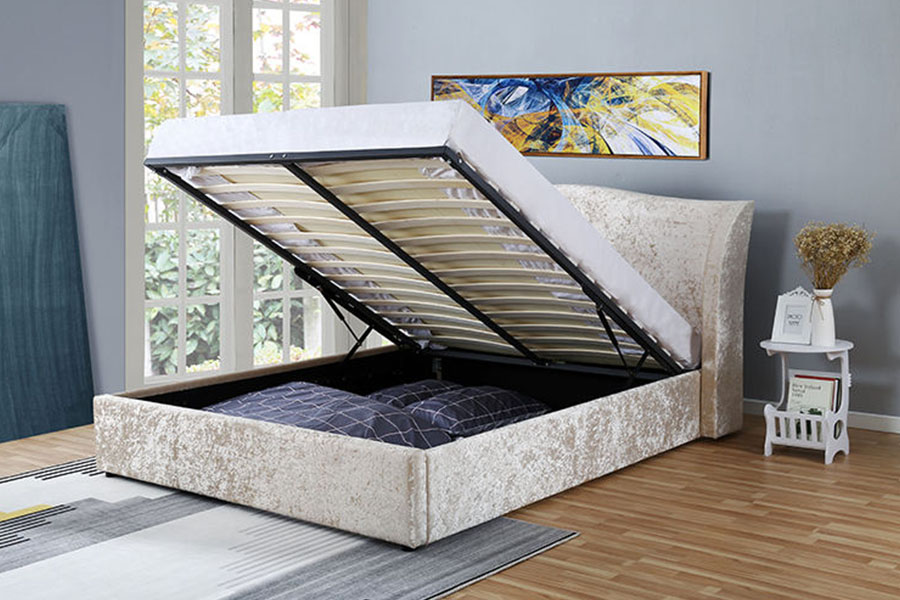 1320G Ottomaans gestoffeerd bedframe met opbergruimte in champagnefluweel met oesterafwerking