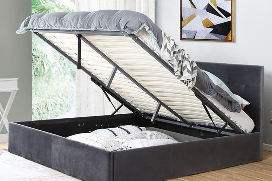 1407G Fluwelen gaslift met flexibele bediening, houten opbergruimte, gestoffeerd bedframe