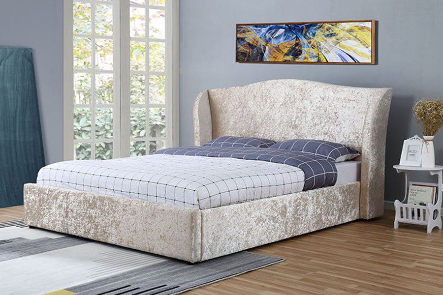 1320G Ottomaans gestoffeerd bedframe met opbergruimte in champagnefluweel met oesterafwerking