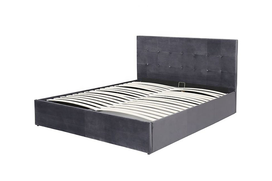 1407G Fluwelen gaslift met flexibele bediening, houten opbergruimte, gestoffeerd bedframe