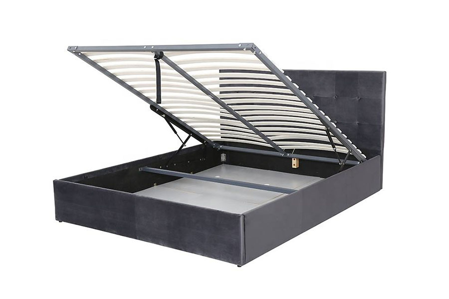 1407G Fluwelen gaslift met flexibele bediening, houten opbergruimte, gestoffeerd bedframe