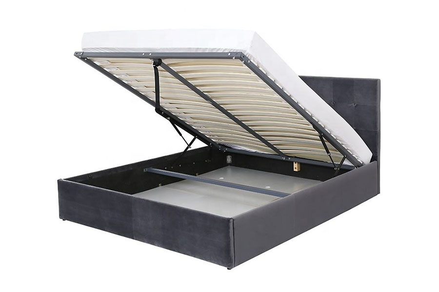 1407G Fluwelen gaslift met flexibele bediening, houten opbergruimte, gestoffeerd bedframe