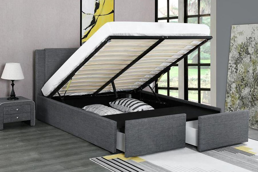 1311DG ​​Gaslift, stof met twee lades, houten opbergruimte, gestoffeerd bedframe