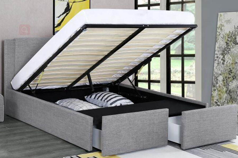 1311DG ​​Gaslift, stof met twee lades, houten opbergruimte, gestoffeerd bedframe