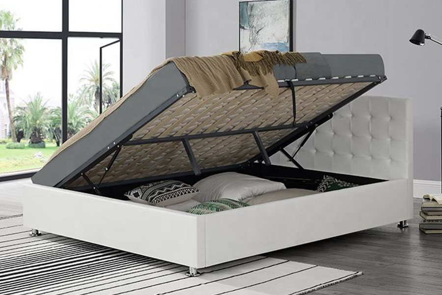 1405G Zwart kunst-PU-leer bedframe met gestoffeerde opbergruimte voor binnen