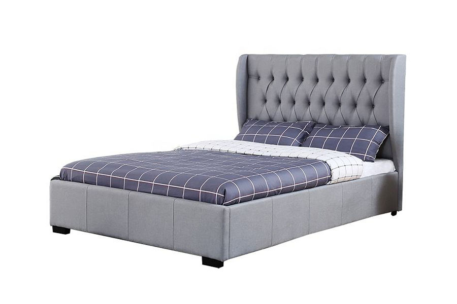 1310G Bedframe met opbergruimte met hoog hoofdbord en grijze stof met knoopdetail