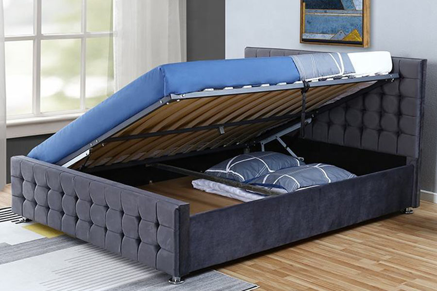 1354G Fluweel getuft paneel massief houten King Ottoman opbergbedframe