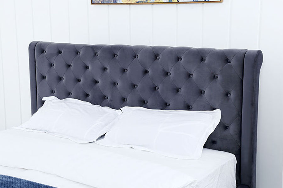1293G massief houten poef van pluche fluweel, Queen gestoffeerd bedframe met opbergruimte