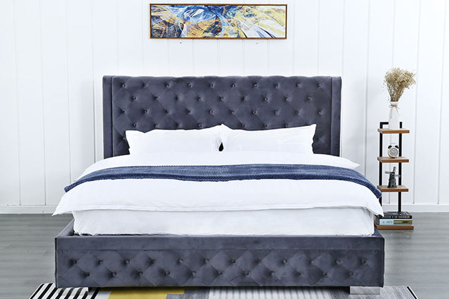 1293G massief houten poef van pluche fluweel, Queen gestoffeerd bedframe met opbergruimte