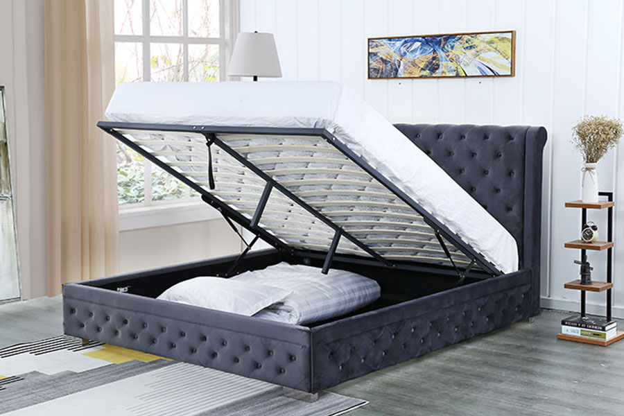 1293G massief houten poef van pluche fluweel, Queen gestoffeerd bedframe met opbergruimte