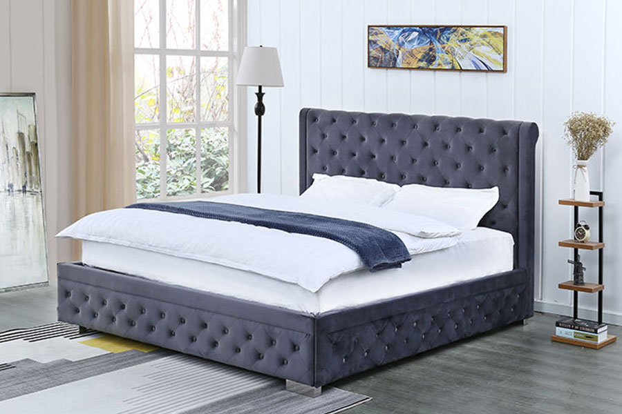 1293G massief houten poef van pluche fluweel, Queen gestoffeerd bedframe met opbergruimte