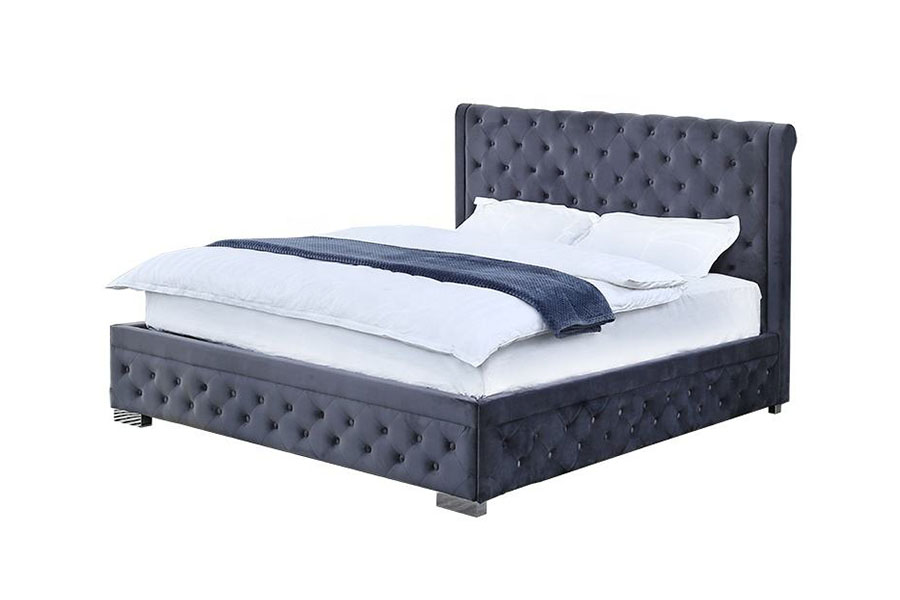 1293G massief houten poef van pluche fluweel, Queen gestoffeerd bedframe met opbergruimte