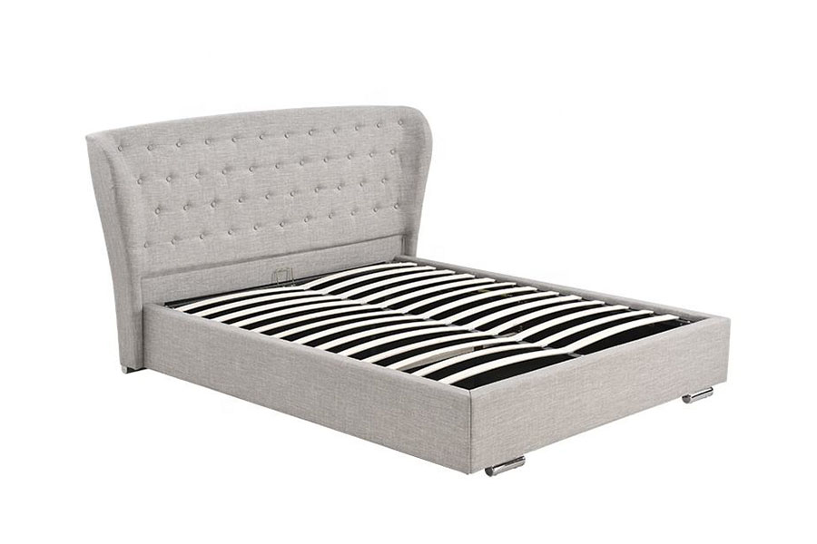 1292G Europees gevleugeld bed met grijze linnen knopen en houten poten