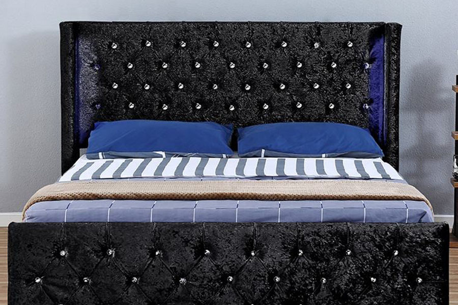 1290-1G Zilver-fluweel LED gevleugeld diamanten houten bedframe met opbergruimte
