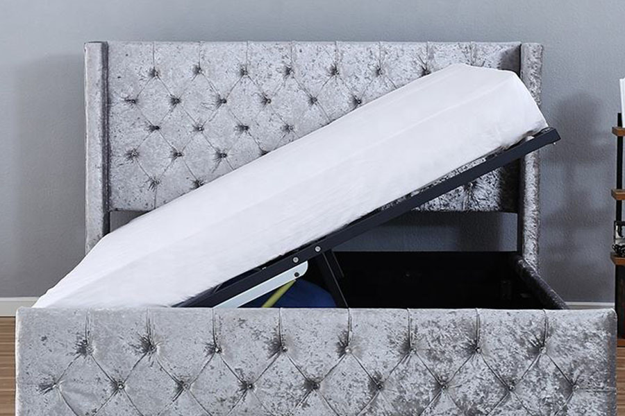 1290-1G Zilver-fluweel LED gevleugeld diamanten houten bedframe met opbergruimte