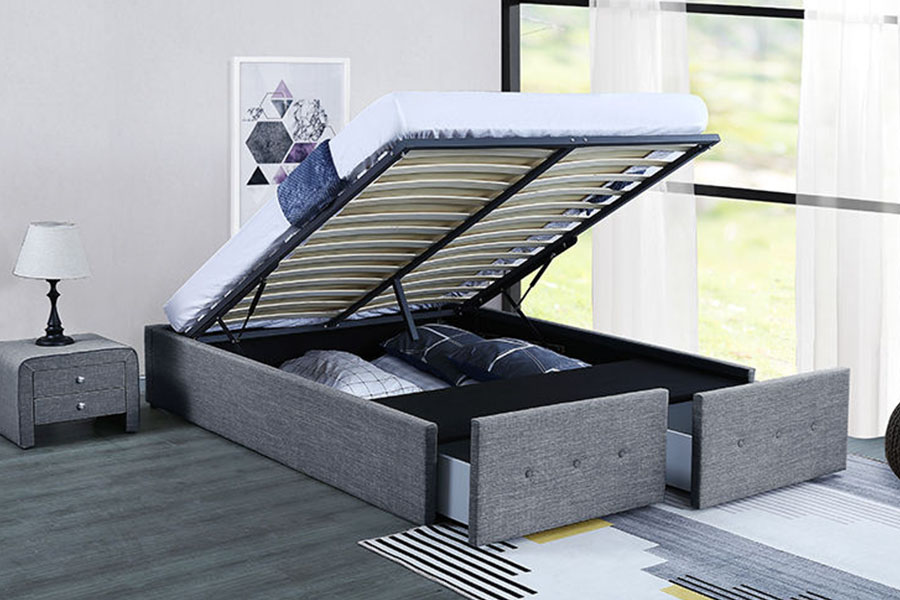 1326DG Queen-opberglade in paneelstijl met gaslift en gestoffeerd bedframe