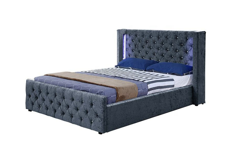 1290-1G Zilver-fluweel LED gevleugeld diamanten houten bedframe met opbergruimte