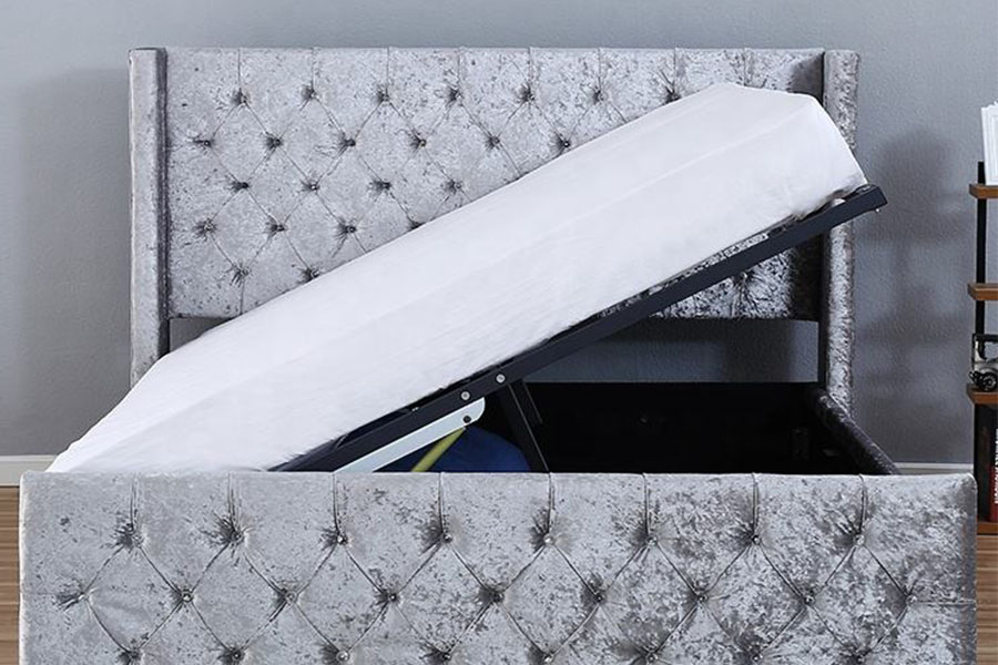 1286G massief houten gestoffeerd eenpersoons bedframe met opbergruimte met getufte knopen