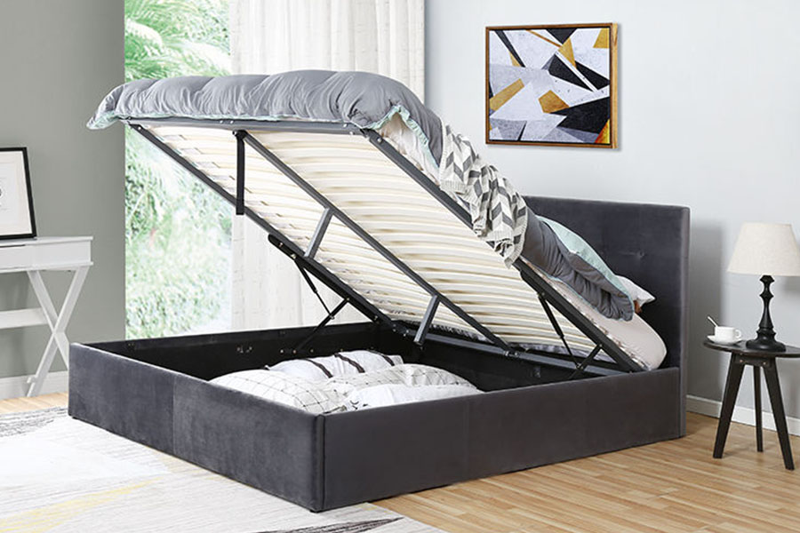 1274G Getuft ruimtebesparend lederen bedframe met hydraulische lift en queensize opbergruimte
