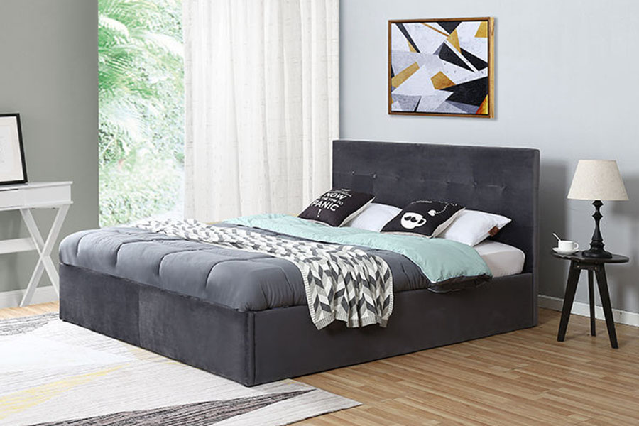 1274G Getuft ruimtebesparend lederen bedframe met hydraulische lift en queensize opbergruimte