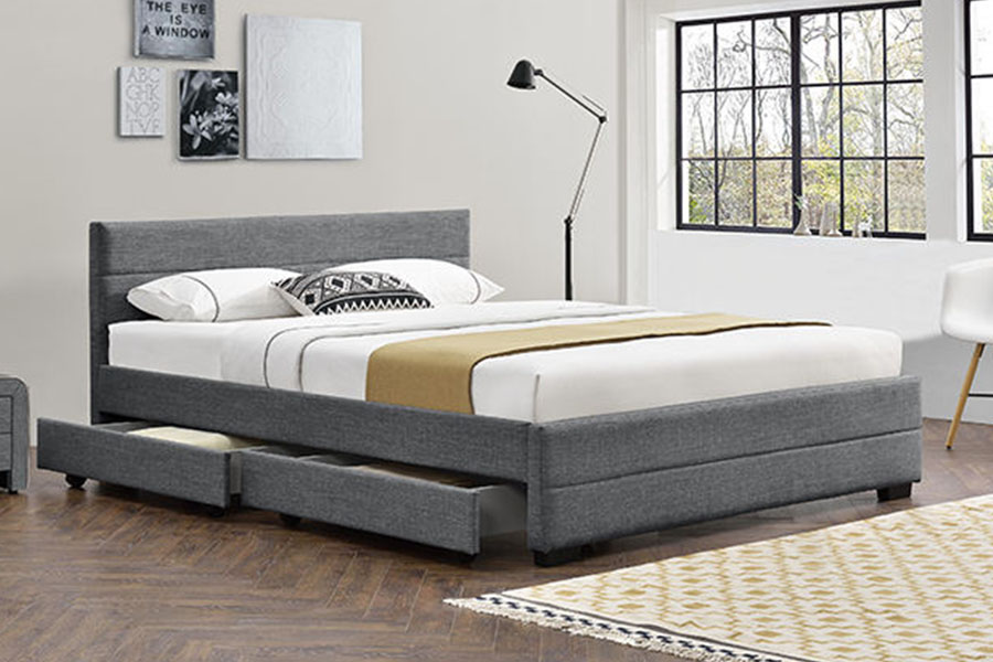 1263D Lichtgrijs zacht lederen houten bedframe met vier lades en opbergruimte