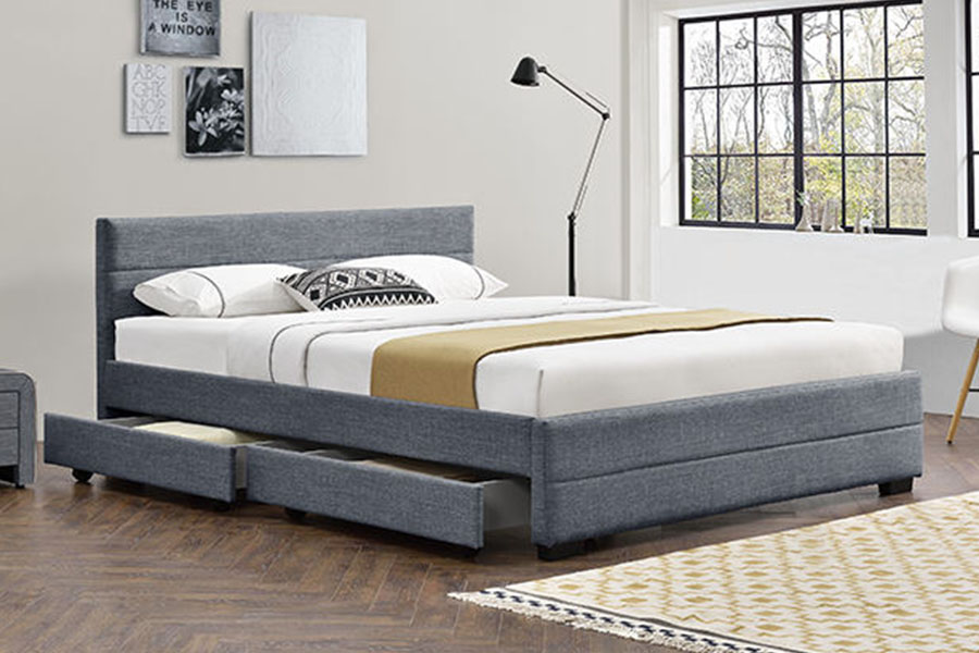 1263D Lichtgrijs zacht lederen houten bedframe met vier lades en opbergruimte