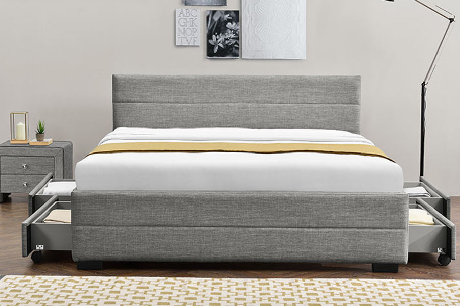 1263D Lichtgrijs zacht lederen houten bedframe met vier lades en opbergruimte
