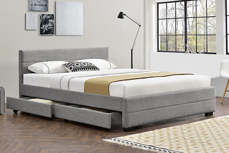 1263D Lichtgrijs zacht lederen houten bedframe met vier lades en opbergruimte
