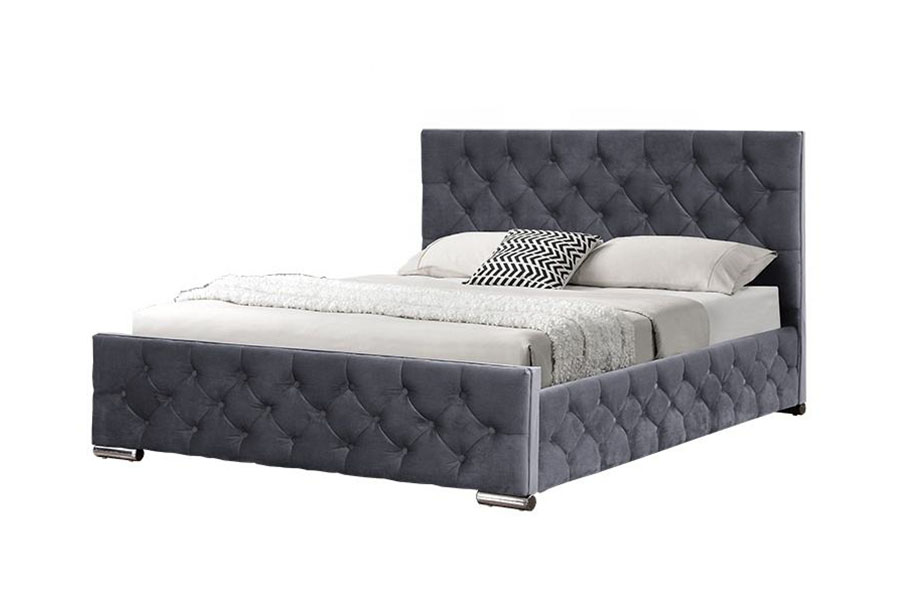 1253G ruitgetuft grijs stoffen bedframe met verchroomde poten en hydraulische opbergruimte