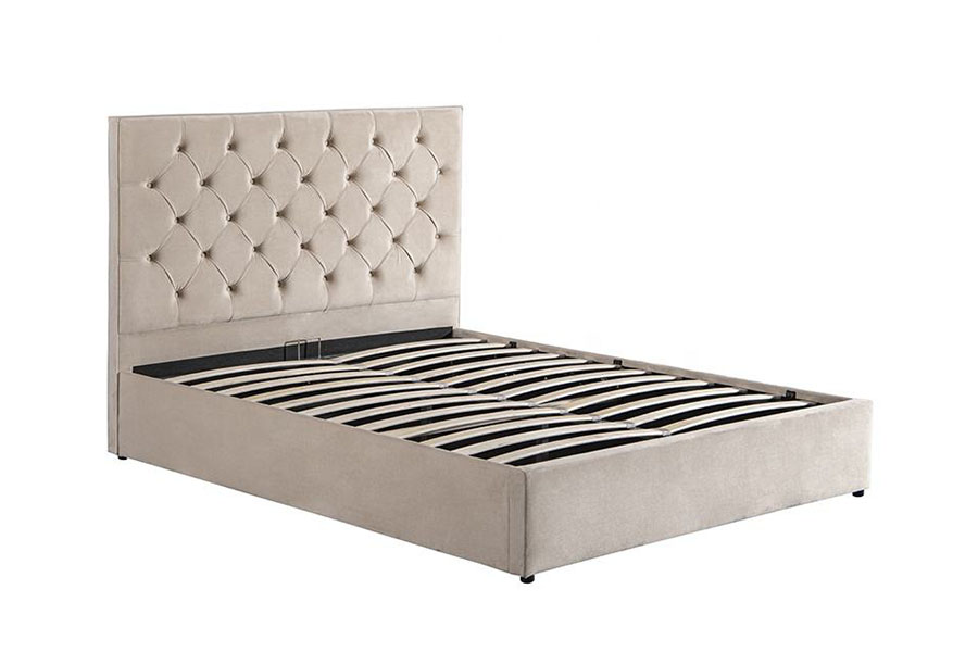 1250G fluwelen hoofdeinde met knoop-hoofdbord, dubbel gestoffeerd bedframe met opbergruimte