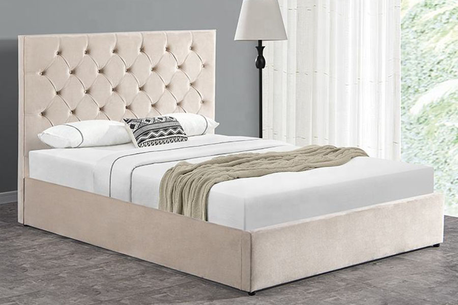1250G fluwelen hoofdeinde met knoop-hoofdbord, dubbel gestoffeerd bedframe met opbergruimte