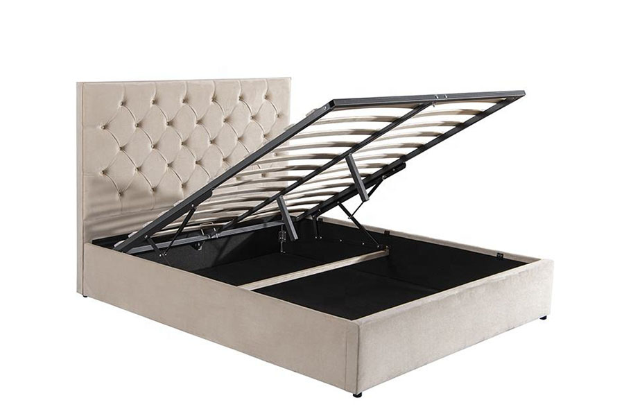 1250G fluwelen hoofdeinde met knoop-hoofdbord, dubbel gestoffeerd bedframe met opbergruimte