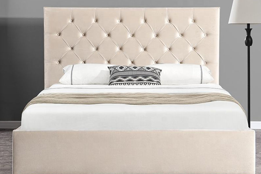 1250G fluwelen hoofdeinde met knoop-hoofdbord, dubbel gestoffeerd bedframe met opbergruimte