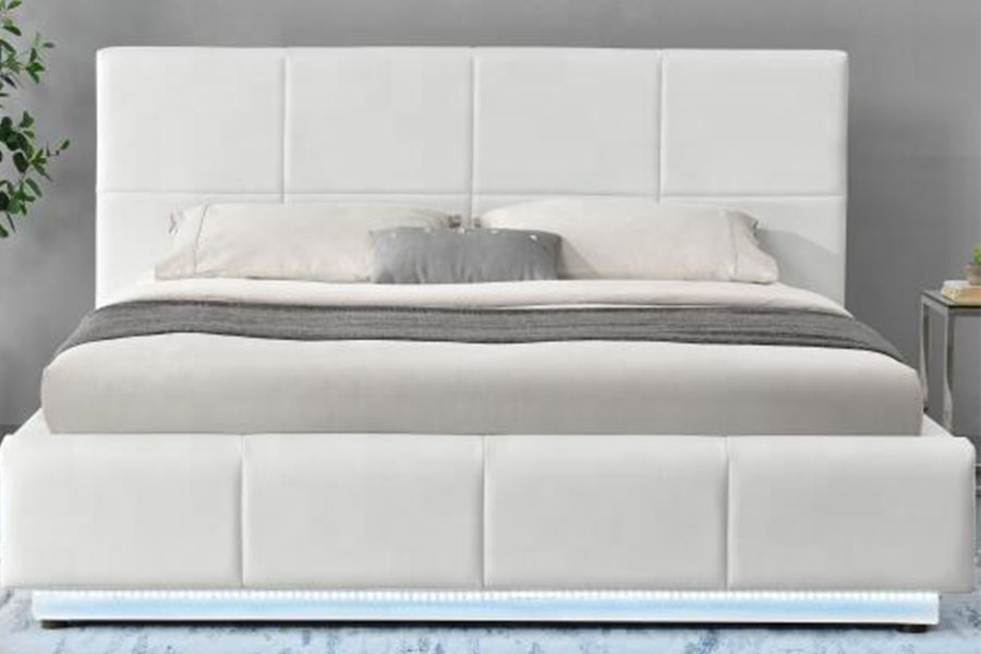 1239-1G Wit kunstleer Ottoman LED-dubbel gestoffeerd bedframe