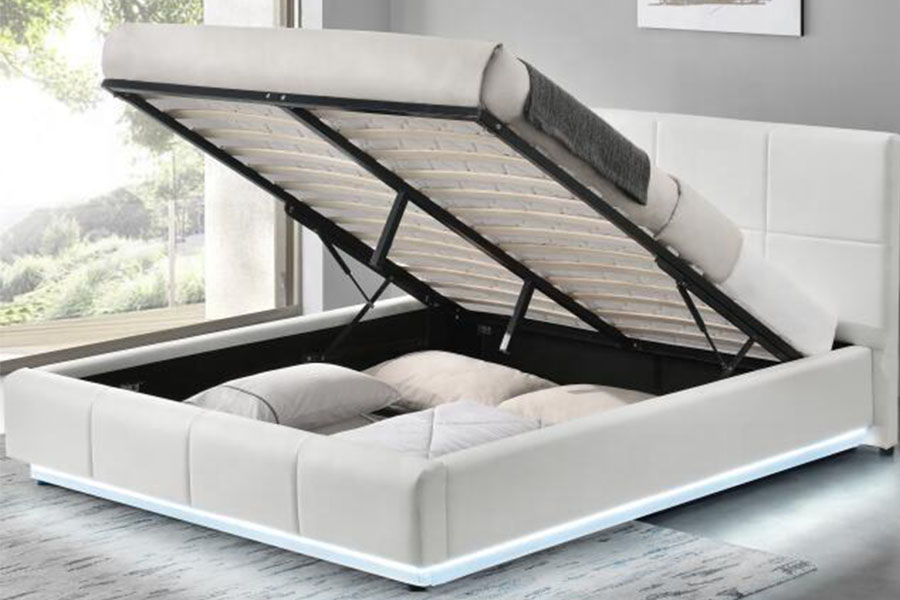 1239-1G Wit kunstleer Ottoman LED-dubbel gestoffeerd bedframe