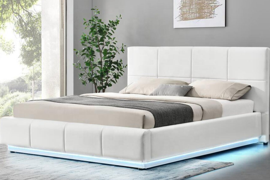 1239-1G Wit kunstleer Ottoman LED-dubbel gestoffeerd bedframe